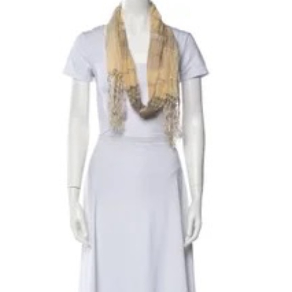 NWOT Striped Gold & Beige Print Long Fringed and Shell  Silk Scarf - Picture 4 of 8